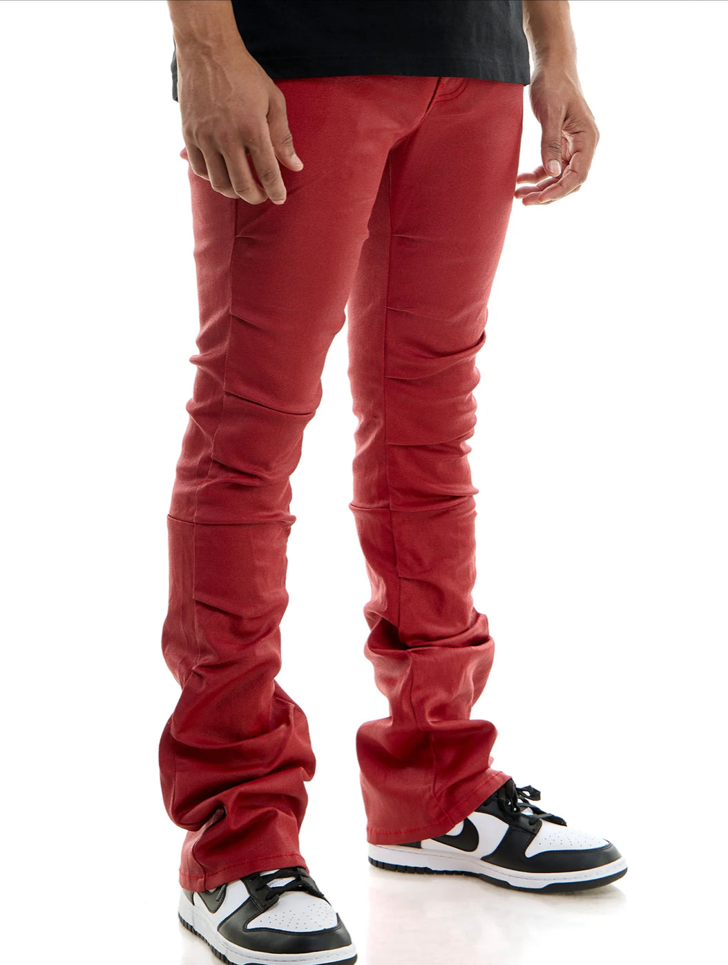 “NEW” KDNK Wax + Pleat Stacked Flare Red Pants