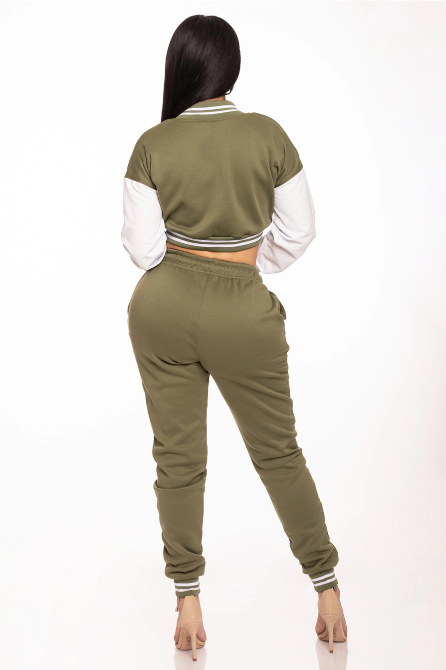“NEW” To Star Cropped Varsity Jacket & Jogger Pants Set (Olive)