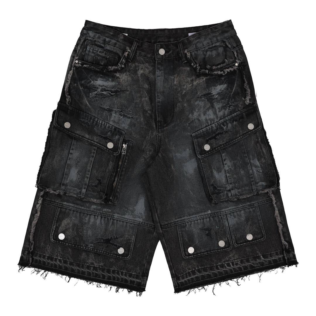 First Row WASHED MULTI CARGO DENIM JORTS