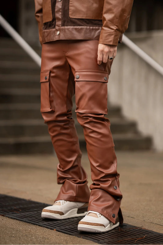 KDNK Stacked Leather Snap Pants (Brown)