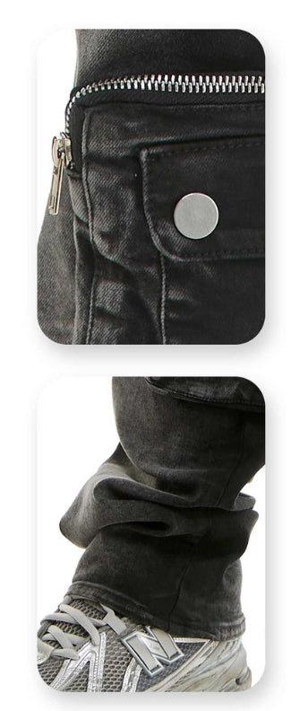 “NEW” KDNK Multi Cargo Black Stacked Flared Jeans